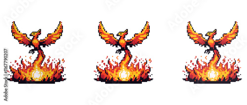 Pixel art phoenix rising from flames with vibrant orange and yellow colors symbolizing rebirth and strength
