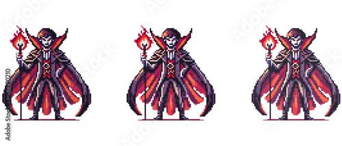 Pixel art depiction of Count Dracula in a dark cloak holding a staff with a fiery orb standing confidently against a white background