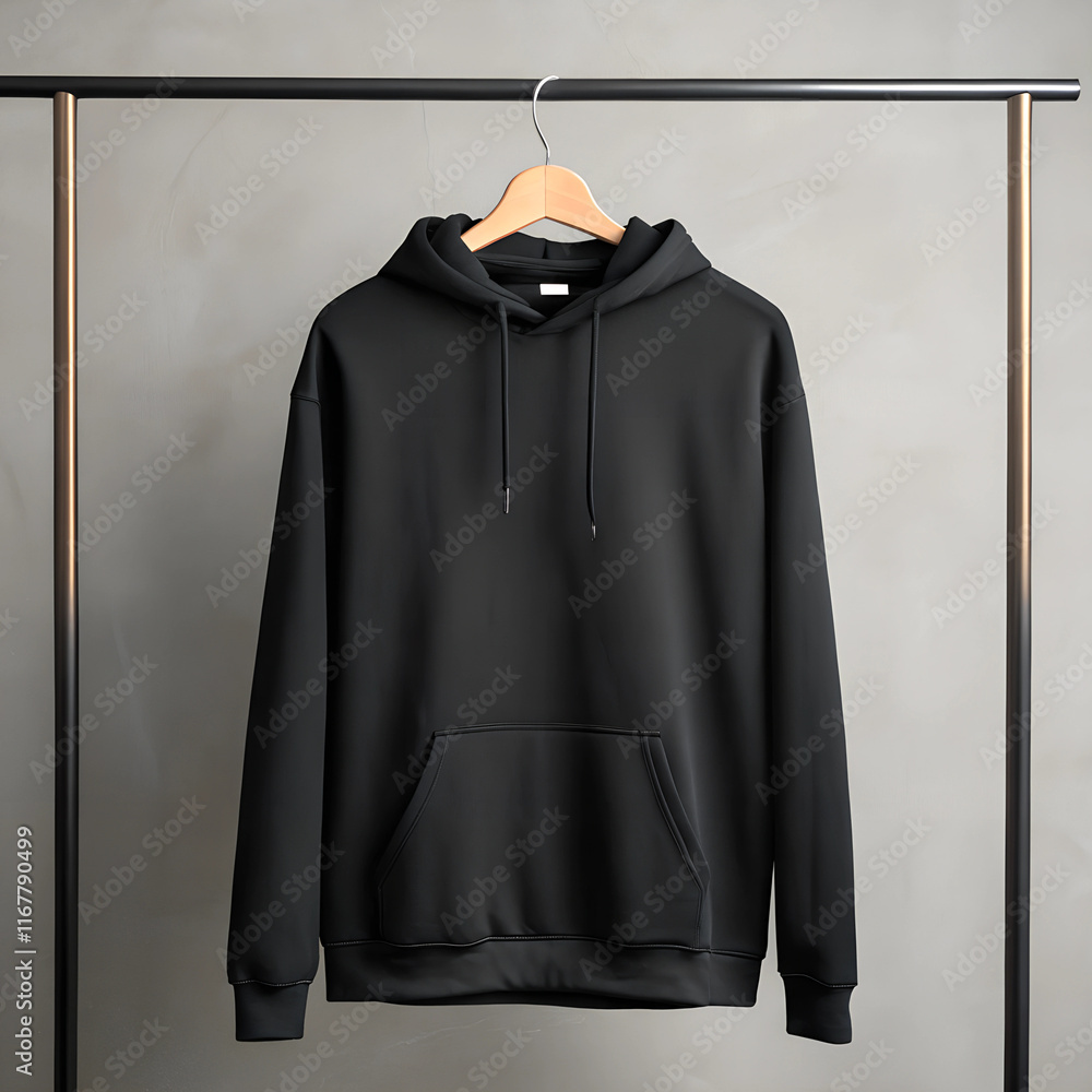 Black hoodie hanging on a clothes rack against a gray background, hoodie mockup in different colors Black hoodie hanging on a clothes rack against a gray background, hoodie mockup in different colors