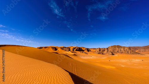 Tadrart Rouge, meaning Red Mountain, a mountain range in southeastern Algeria, part of the Algerian Desert providing massive dunes, rock formations and Martian landscapes
