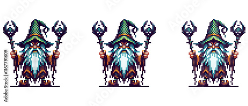 Pixel art wizard in a green pointed hat with a white beard holding two staffs with glowing blue orbs against a white background