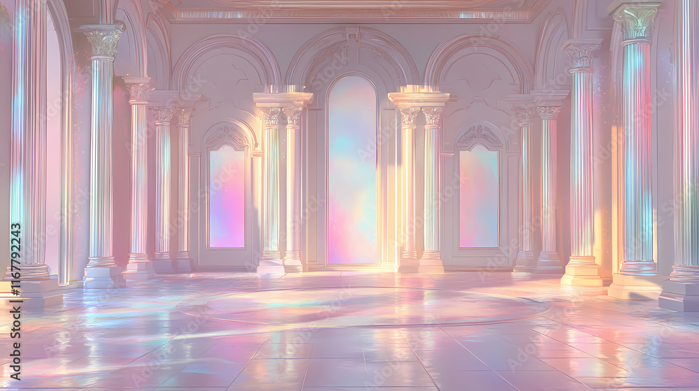 Fototapeta premium Opalescent metallic finishes with trompe-l'oeil detail, rococo pastel rim lighting, kawaii aesthetic style, stimwave particle glitch art. Opalescence. Illustration