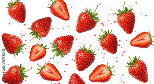 flying strawberries isolated on transparent background, cutout