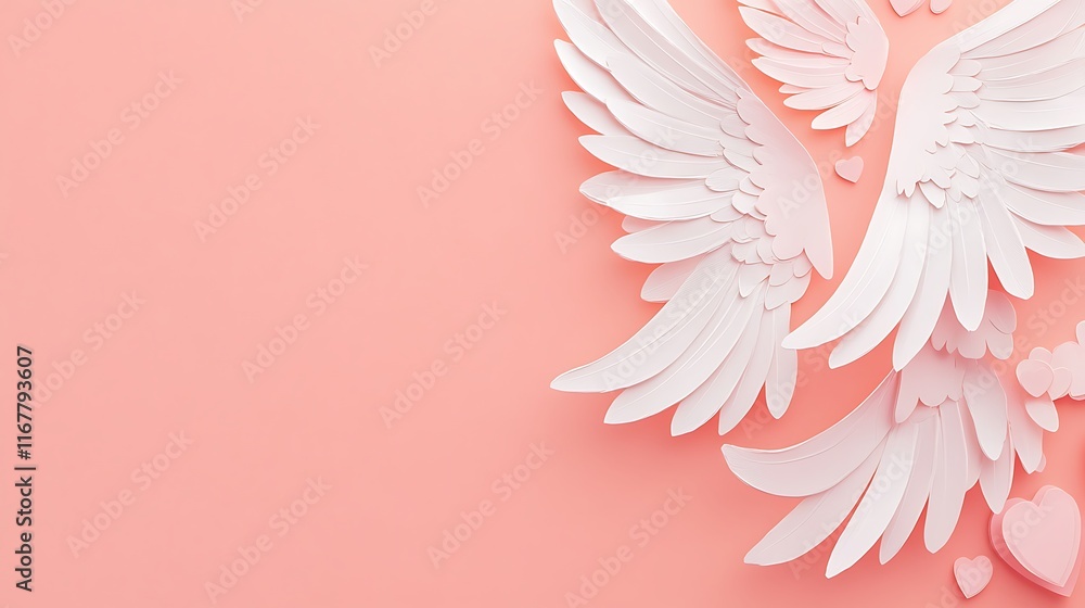 Fototapeta premium White paper wings and hearts on pink background