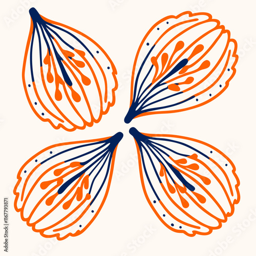 Stylized illustration of decorative flower petals in orange and blue