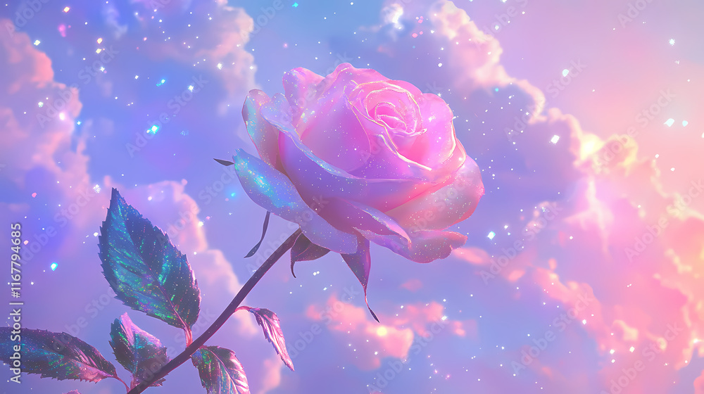 Obraz premium Light pink rose infront of sky and stars with sparkles art wallpaper. light violet and light pink iridescence/opalescence colors. retro summer aesthetic. Opalescence. Illustration