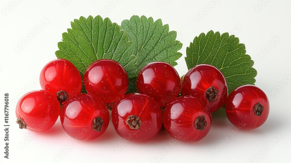 Red currants with green leaves on a white background. Red currants with green leaves on a white background.