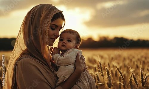 Mother Mary holding Baby Jesus on a wheat crop