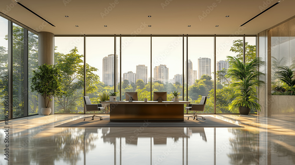 Fototapeta premium Modern office interior with a stunning city view and natural light during daylight hours