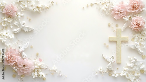 Angelic doves flowers and cross serene white background