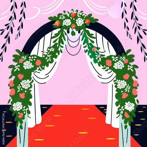 Stylized wedding arch adorned with flowers and drapes