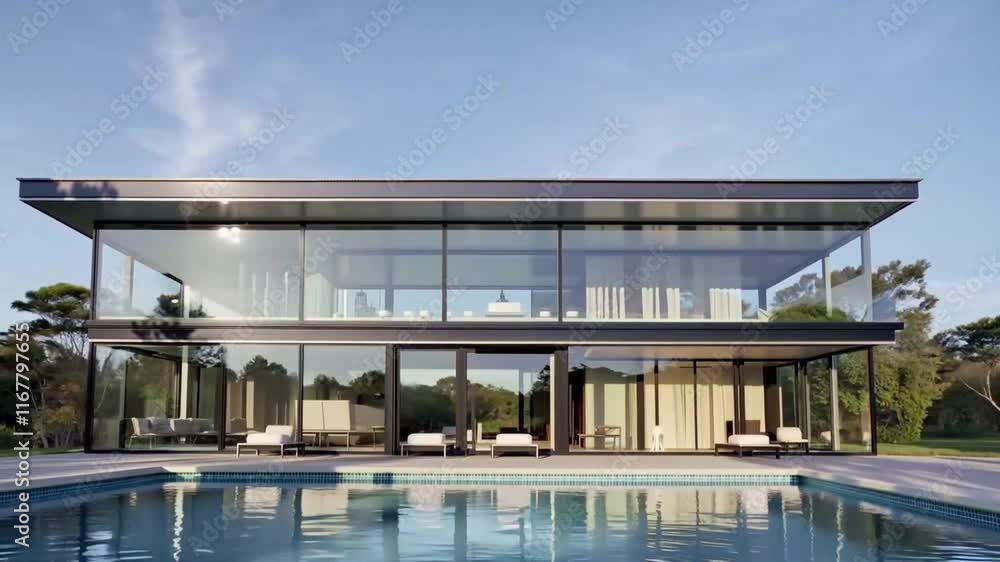 Modern glass house with a sparkling pool in a serene location. Modern glass house with a sparkling pool in a serene location.