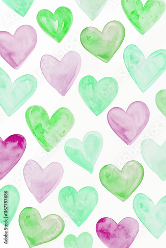 Watercolor heart patterns, pastel colors, romantic design, seamless background, artistic texture, love theme.