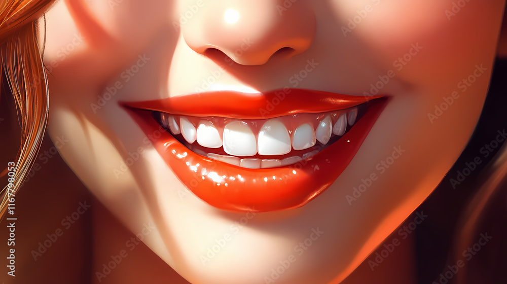 Obraz premium An attractive elegant and glamorous aristocratic woman with big smiling with natural opalescence teeth with beautiful deep honey eyes and full glossy lips. Opalescence. Illustration