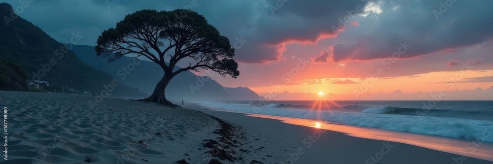 Fototapeta premium Dark mist rises from a solitary tree on a deserted beach at dusk, solitude, tree