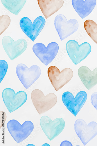 Watercolor heart pattern, soft pastel colors, romantic design, seamless background, ideal for invitations, greeting cards.
