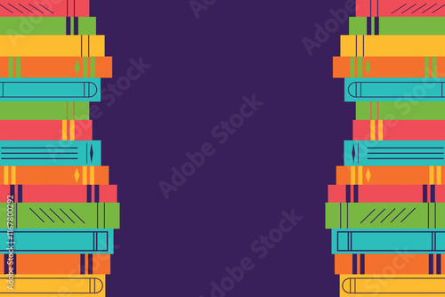 Book illustration on a purple background. Literary education in flat style with copy space. Concepts for web banner, background, wallpaper, advertising. Vector illustration.	