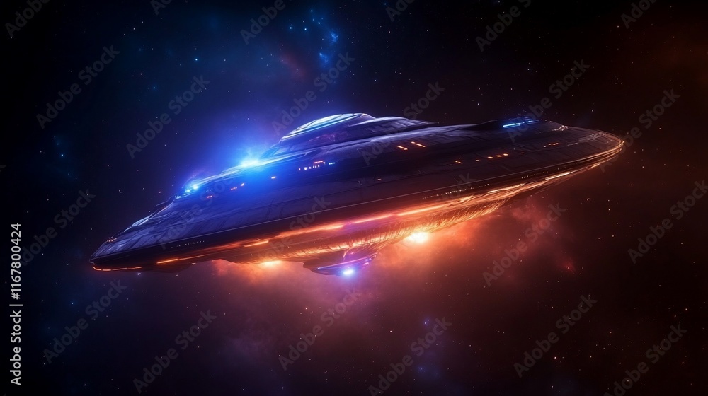 Futuristic spaceship hovering in space, illuminated by glowing lights. Futuristic spaceship hovering in space, illuminated by glowing lights.