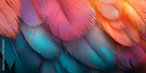 Close up of multicolored exotic bird feathers photo