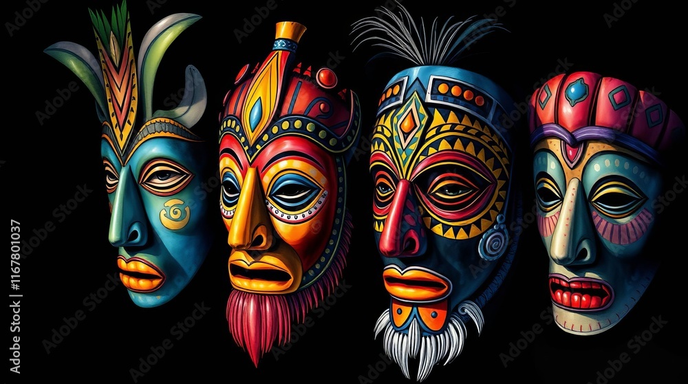 Vividly colored African masks featuring intricate patterns and striking contrasts showcasing traditional artistry and cultural significance on a black background Vividly colored African masks featuring intricate patterns and striking contrasts showcasing traditional artistry and cultural significance on a black background