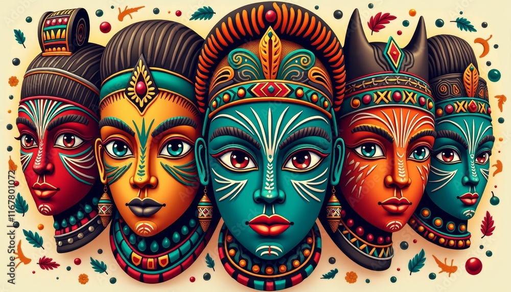 Naklejka premium Exploration of vibrant African masks showcasing cultural heritage and artistic expression in a dynamic arrangement