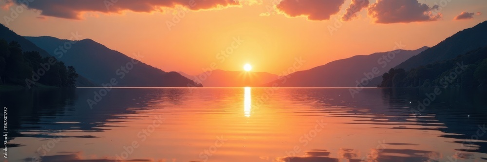 Warm sunset over serene lake with gentle ripples and soft water reflections, warm yellow gold light, serene landscape Warm sunset over serene lake with gentle ripples and soft water reflections, warm yellow gold light, serene landscape