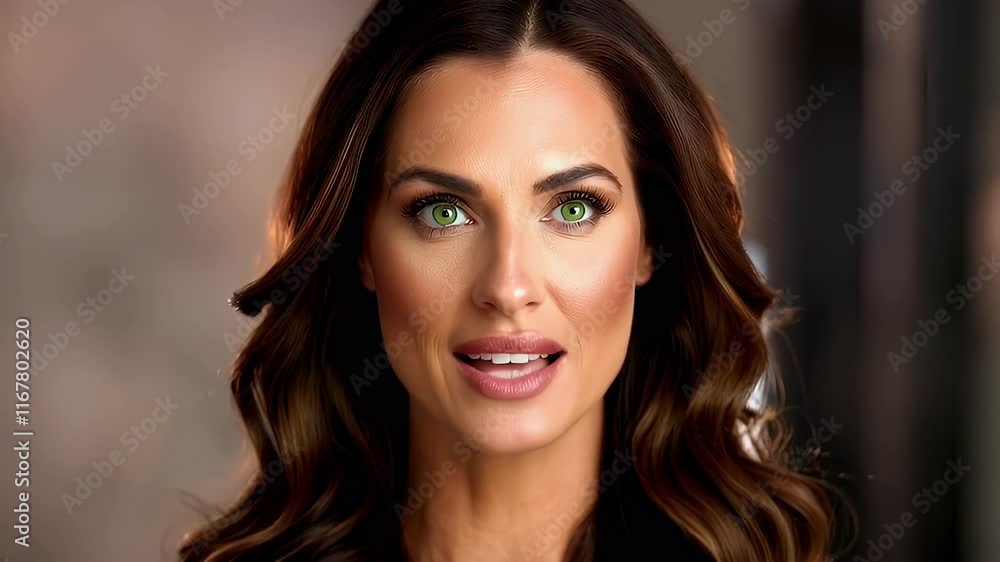 Woman with wavy hair and soft makeup posing with a blurred background under professional lighting. Woman with wavy hair and soft makeup posing with a blurred background under professional lighting.
