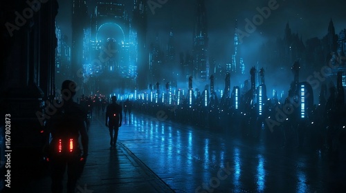 Wallpaper Mural Futuristic city at night, figures walk past glowing structures. Torontodigital.ca