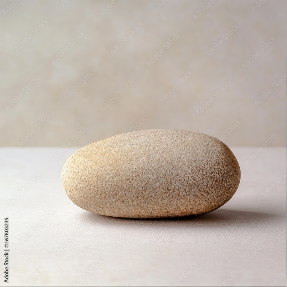 A large, smooth, tan rock sits on a white surface