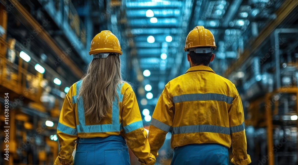 Two workers holding hands in an industrial setting. Two workers holding hands in an industrial setting.