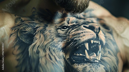 Close-up of a muscular man's chest with a detailed lion tattoo. photo