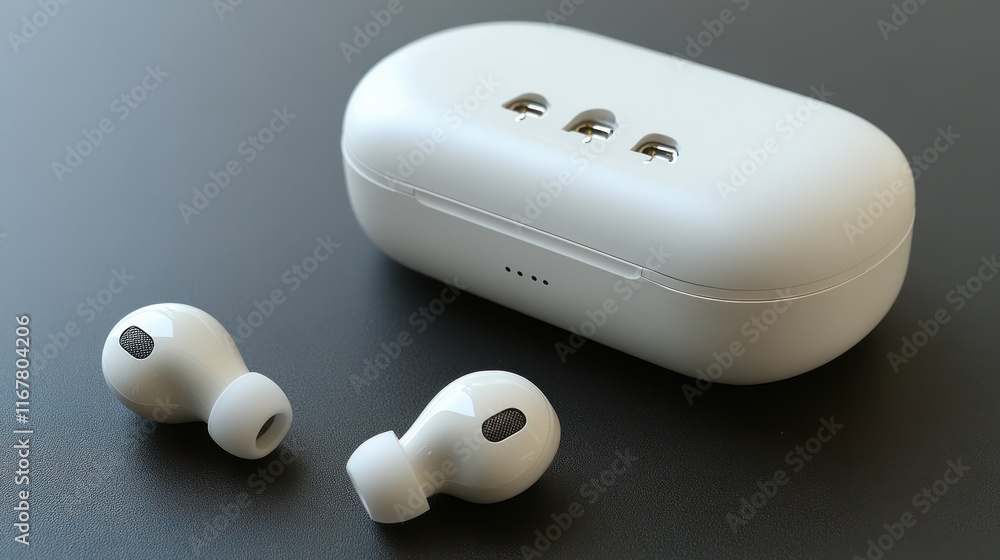 Wireless earbuds and charging case on a surface.