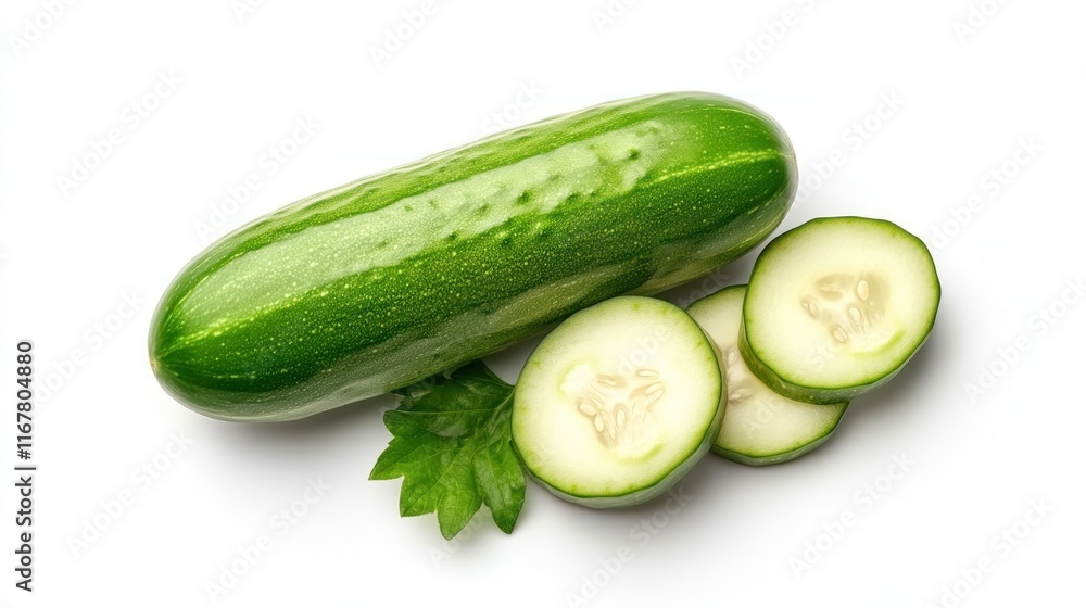 Fresh cucumber with slices and leaves on a white background. Fresh cucumber with slices and leaves on a white background.
