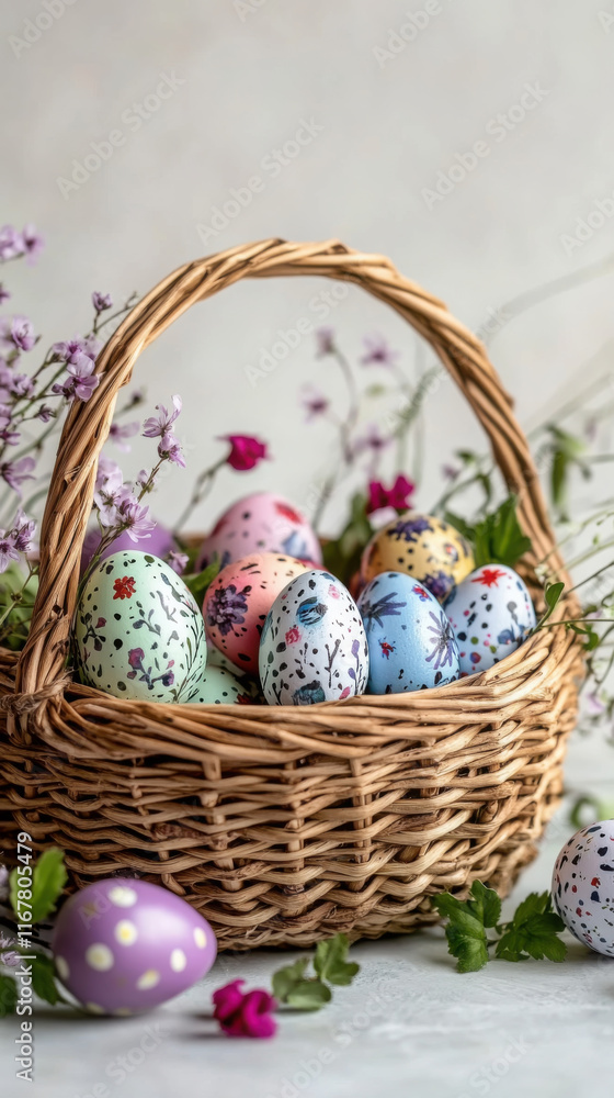 Vibrant easter basket with colorful painted eggs and spring flowers Vibrant easter basket with colorful painted eggs and spring flowers