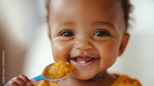 Happy baby eating puree: adorable infant discovering tastes with bright joyful smile photo