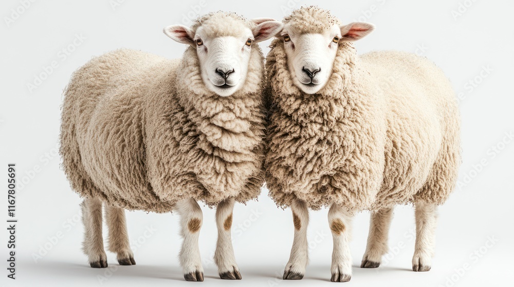 Twin sheep studio portrait, wool, agriculture, white background, farm animals, advertising Twin sheep studio portrait, wool, agriculture, white background, farm animals, advertising
