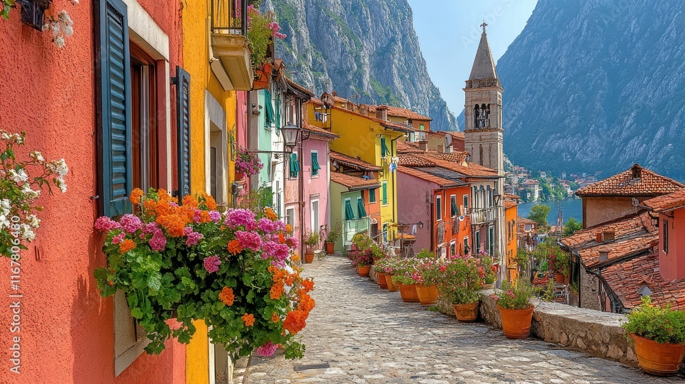 Fototapeta premium Colorful village along a scenic lakeside pathway.