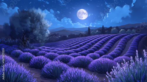 Lavender rows glowing under the moonlight s ethereal illumination. Moonshade. Illustration photo