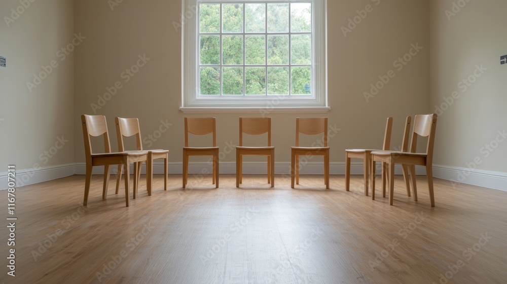 Fototapeta premium Simple Wooden Chairs Arranged in a Semi-Circle by a Bright Window in a Minimalist Room