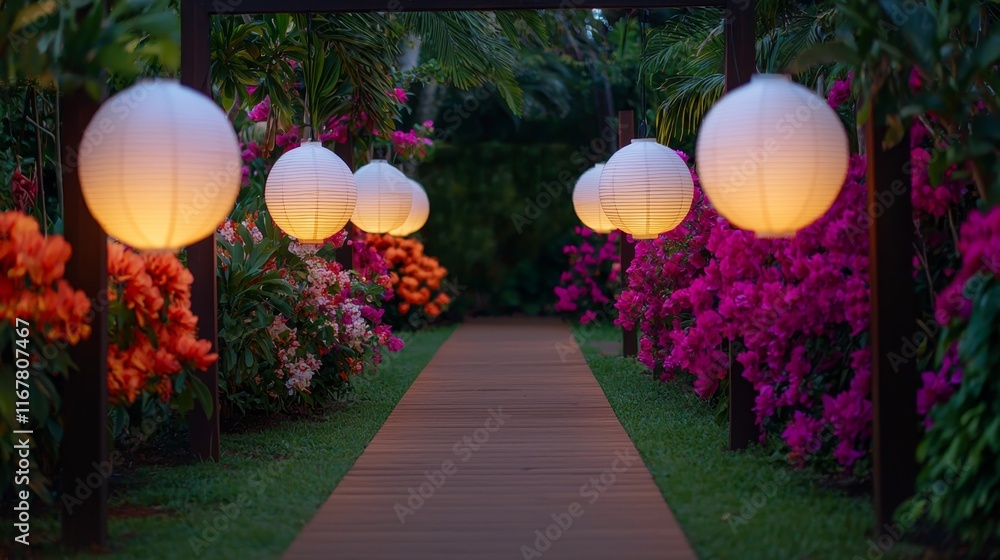 Obraz premium Enchanted Garden Pathway Illuminated by Glowing Lanterns Surrounded by Blooming Tropical Flowers at Night