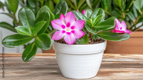 Wallpaper Mural Pink flowering plant in a white pot on a wooden table. Torontodigital.ca
