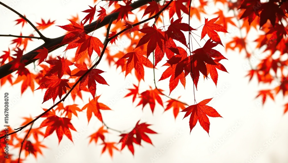 Vibrant Red Maple Leaves on Branch Against White Background Vibrant Red Maple Leaves on Branch Against White Background