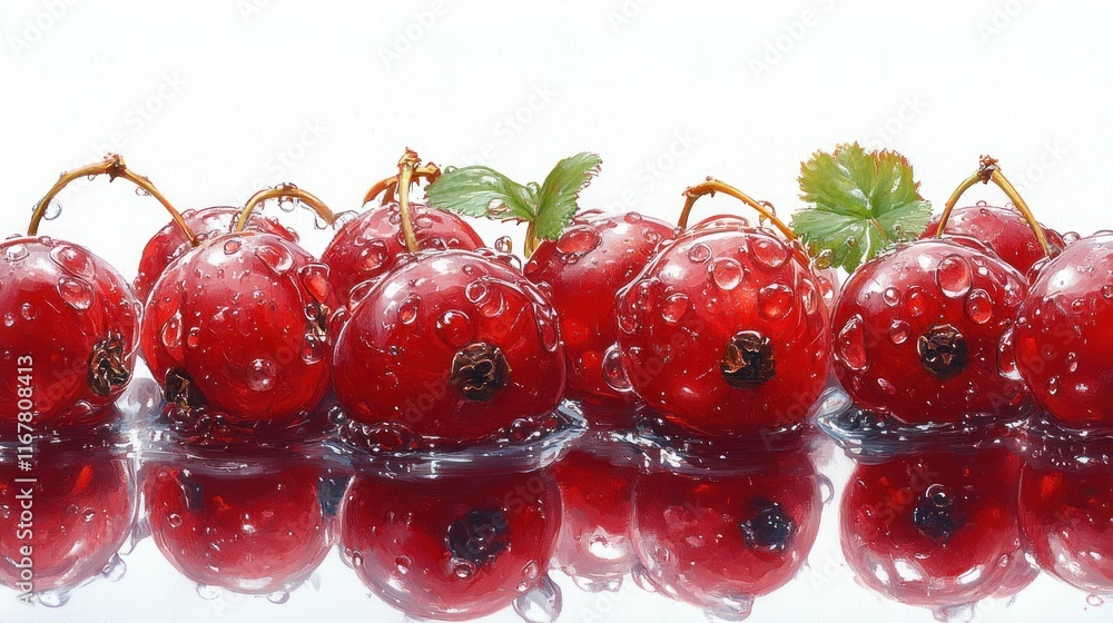 Fresh red currants with water droplets on a reflective surface. Fresh red currants with water droplets on a reflective surface.