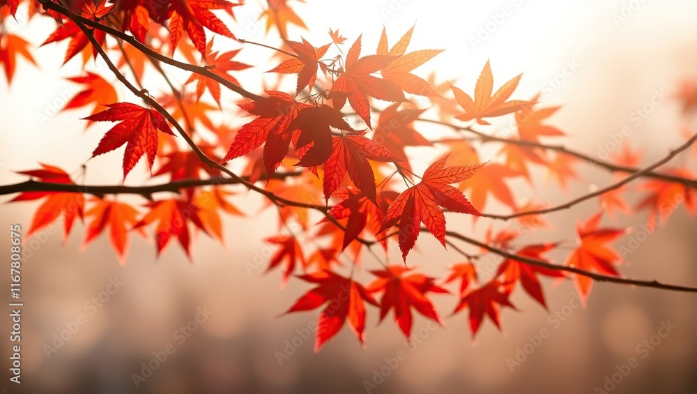 Vibrant Red Maple Leaves Illuminated By Autumn Sunlight Vibrant Red Maple Leaves Illuminated By Autumn Sunlight