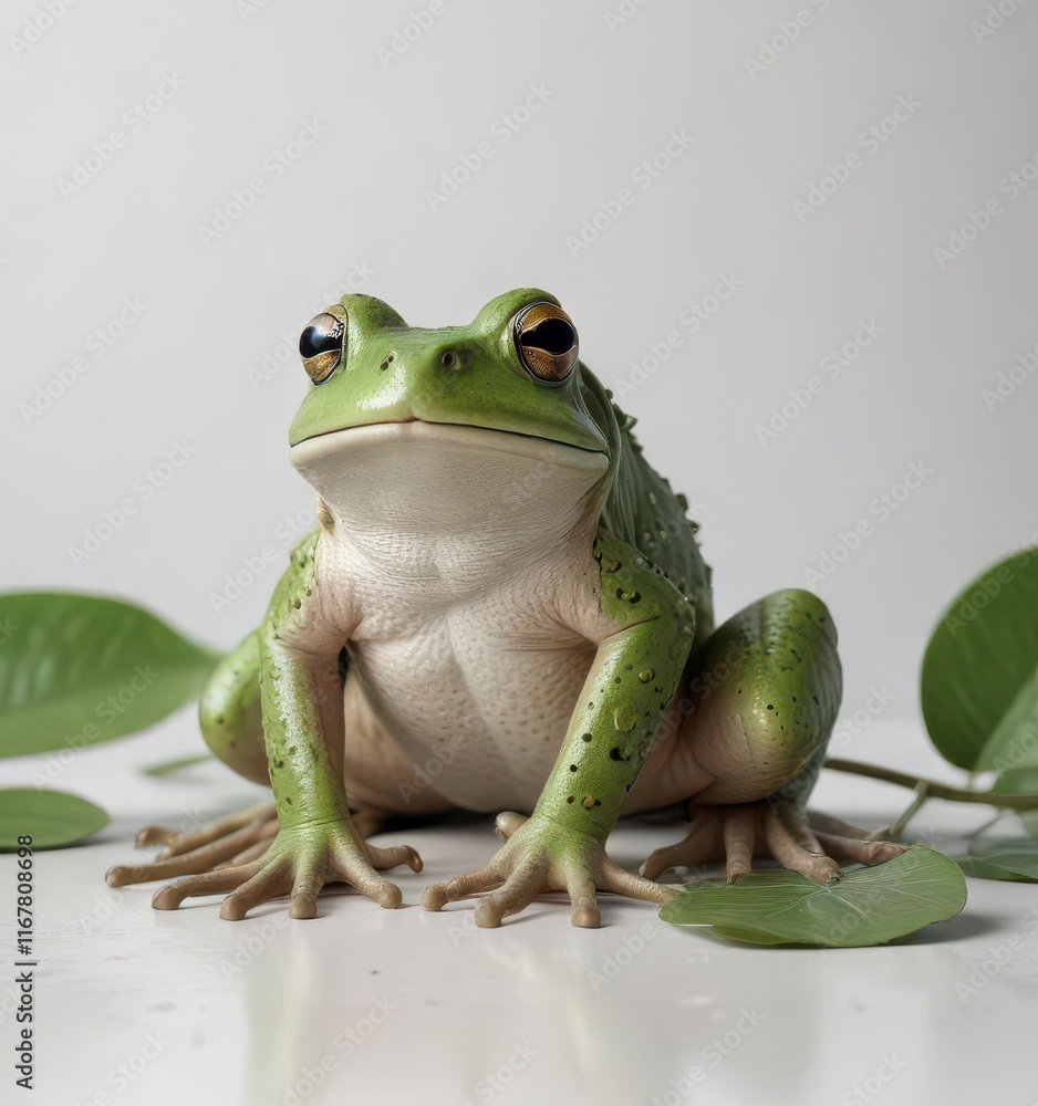 Obraz premium A large frog sits in front of a white background with a subtle leaf pattern, frogs and toads, animal photography, forest