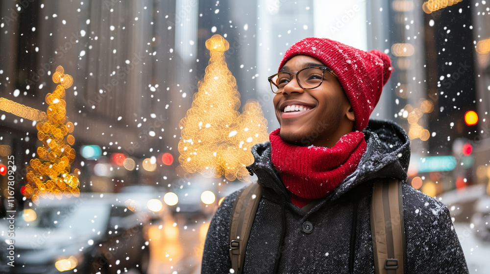 Smiling man in red hat and scarf on snowy street.. Smiling man in red hat and scarf on snowy street..