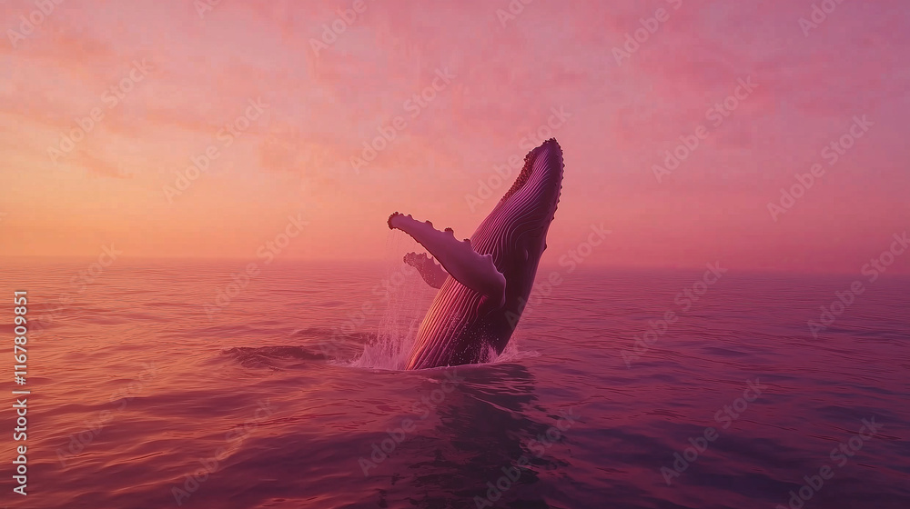 Fototapeta premium Whale breaching in pink sunset over calm water..