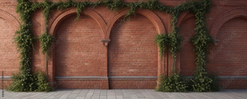 Classic red brick wall with ornate arches and vines, exterior, archways, red brick Classic red brick wall with ornate arches and vines, exterior, archways, red brick