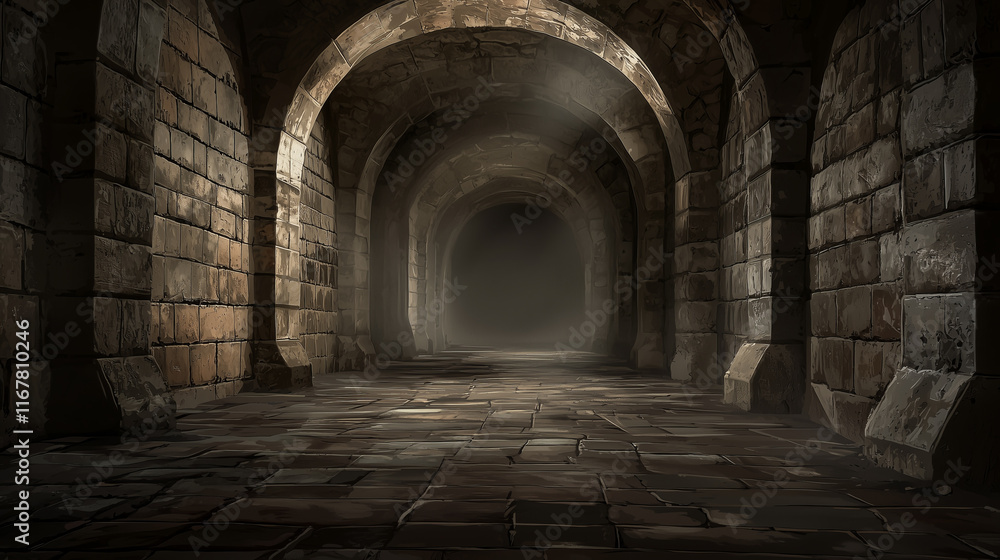 Obraz premium Dark, stone tunnel with arched ceiling, lit by a single ray of light..