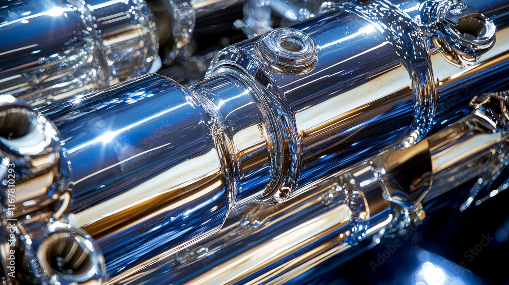 Fototapeta premium Highly polished metallic tubes, reflecting light..